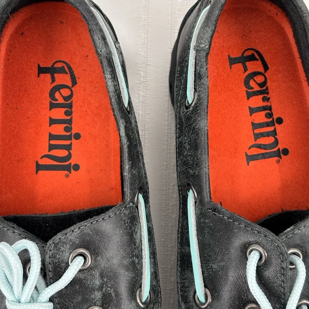 Ferrini Smoky Black Distressed Boat Shoes Moc Toc Leather Loafers Sz 9